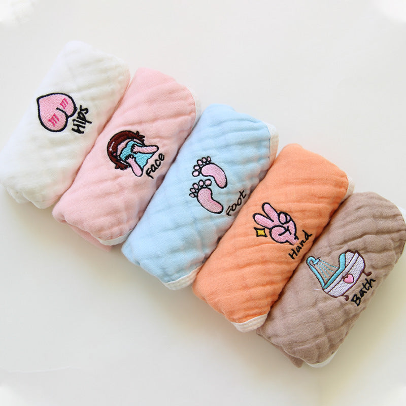 HKM-453523 6-Layer Embroidered Square Scarf Set for Babies and Toddlers, Cotton Saliva Towels in Various Designs