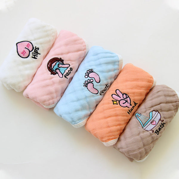 HKM-453523 6-Layer Embroidered Square Scarf Set for Babies and Toddlers, Cotton Saliva Towels in Various Designs