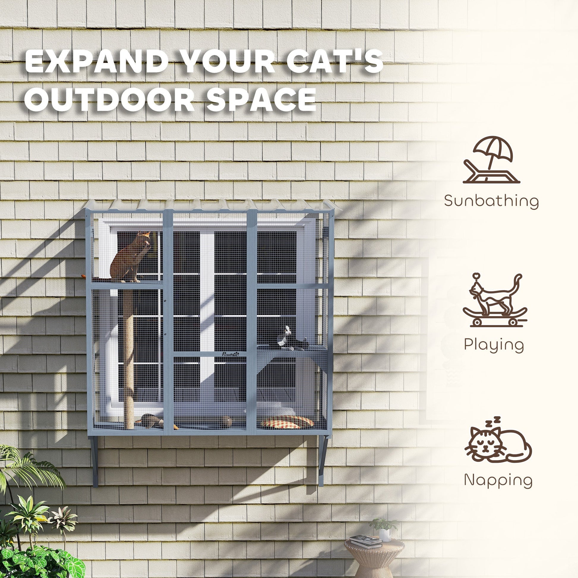 HKM-4538557 Spacious Multi-Level Cat Catio with Safety Net and Jumping Platforms for Outdoor Exploration