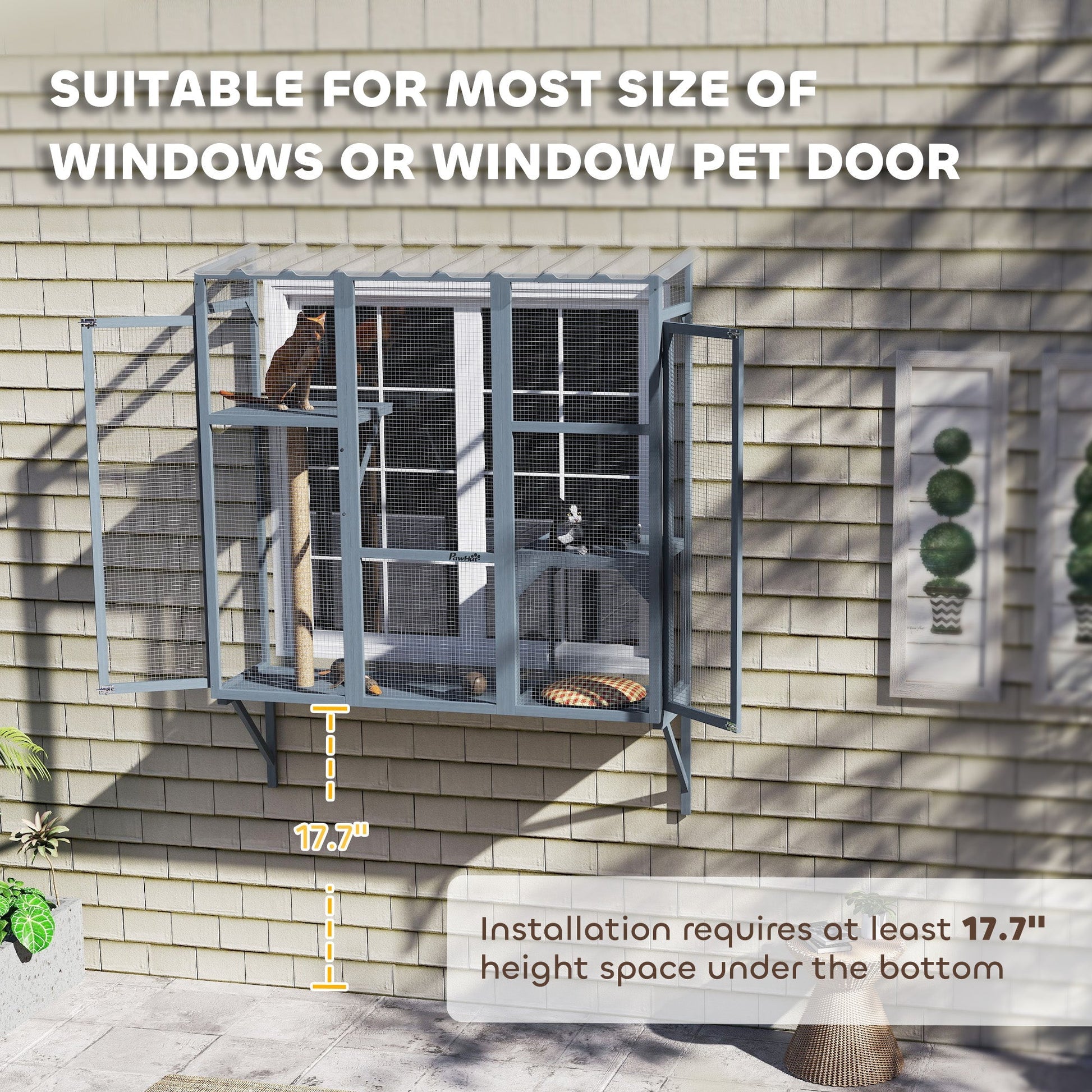 HKM-4538557 Spacious Multi-Level Cat Catio with Safety Net and Jumping Platforms for Outdoor Exploration