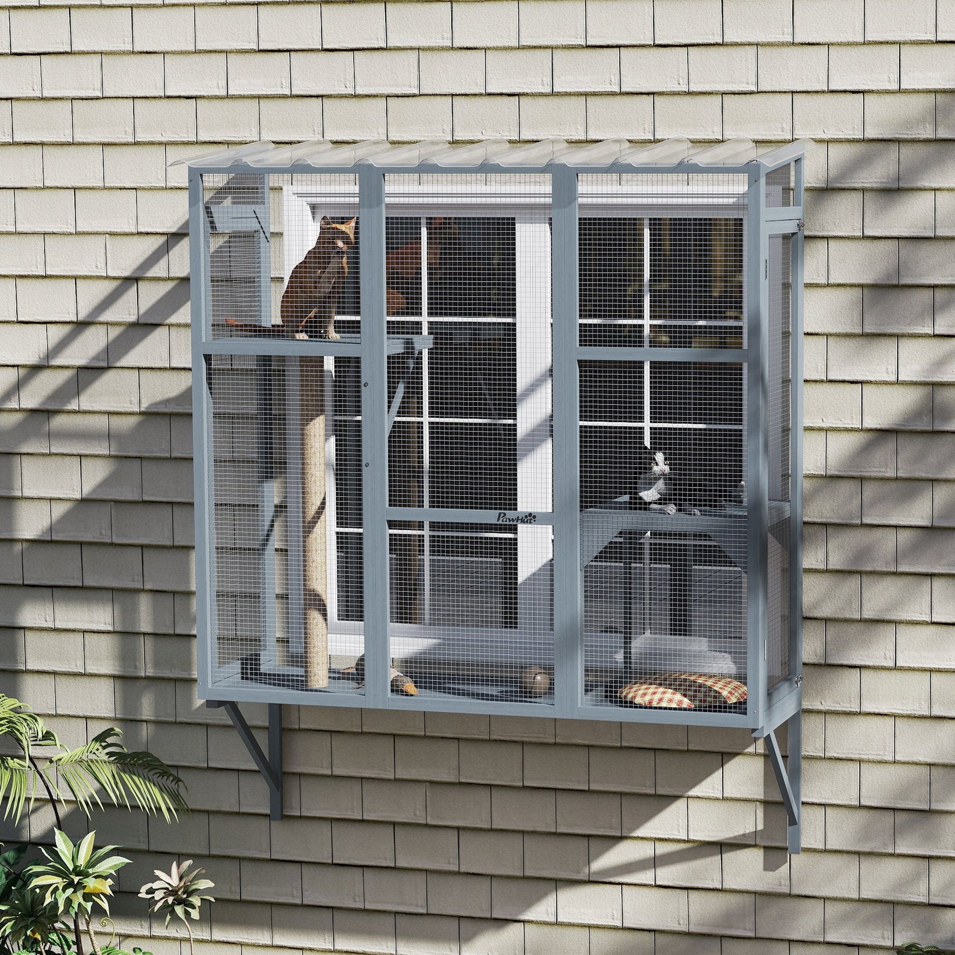HKM-4538557 Spacious Multi-Level Cat Catio with Safety Net and Jumping Platforms for Outdoor Exploration
