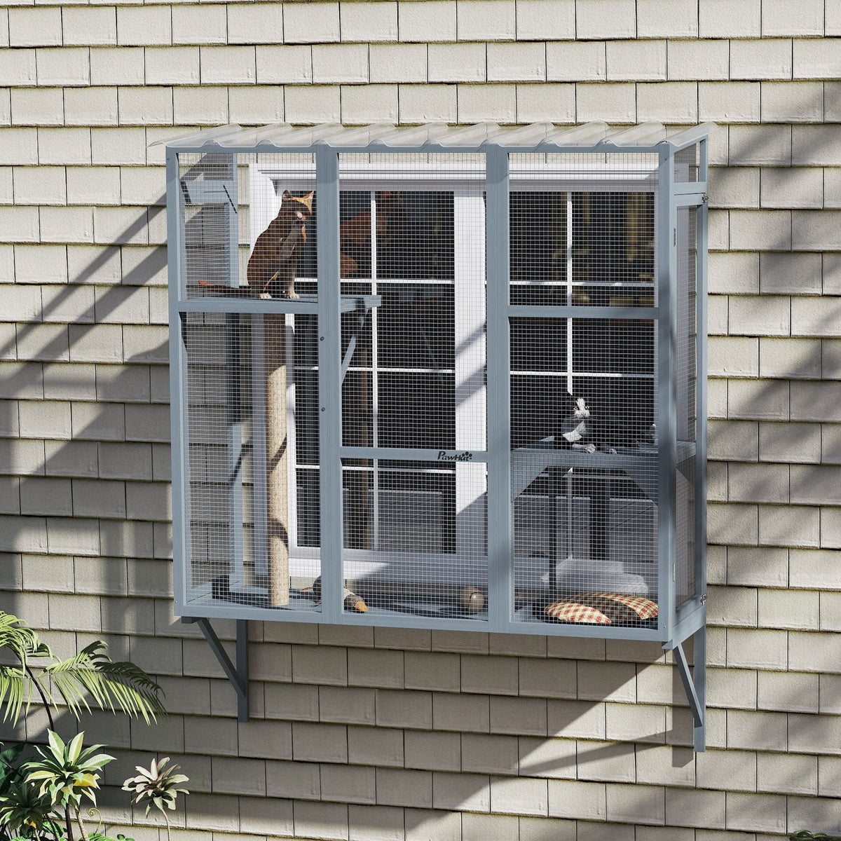 HKM-4538557 Spacious Multi-Level Cat Catio with Safety Net and Jumping Platforms for Outdoor Exploration