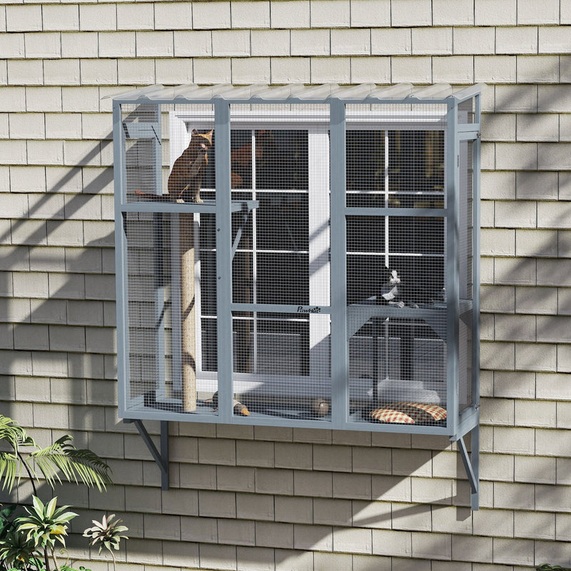 HKM-4538557 Spacious Multi-Level Cat Catio with Safety Net and Jumping Platforms for Outdoor Exploration