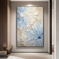 HKM-454035 Hand-Painted Abstract Blue and White Flower Oil Painting on Canvas for Modern Home Decor
