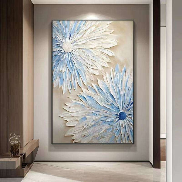 HKM-454035 Hand-Painted Abstract Blue and White Flower Oil Painting on Canvas for Modern Home Decor