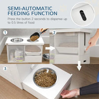 HKM-4548029 Elevated Dog Feeding Station with Slow Feeder Mat, Storage Cabinet, and Three Stainless Steel Bowls for Large Dogs