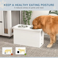 HKM-4548029 Elevated Dog Feeding Station with Slow Feeder Mat, Storage Cabinet, and Three Stainless Steel Bowls for Large Dogs