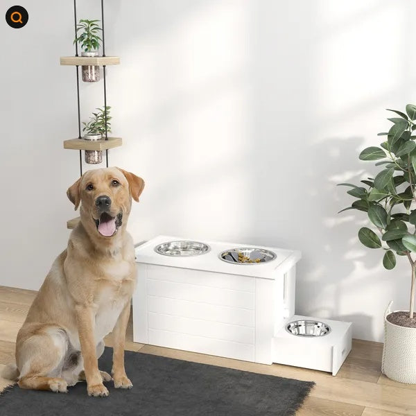 HKM-4548029 Elevated Dog Feeding Station with Slow Feeder Mat, Storage Cabinet, and Three Stainless Steel Bowls for Large Dogs