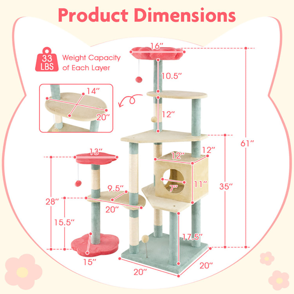 HKM-4553277 61-Inch Multi-Level Cat Tree with Flower-Shaped Perch and Cozy Condo for Cats