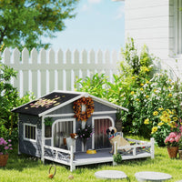 HKM-4553661 Gray Wooden Dog House with Porch, Double Room Design, Weatherproof, Openable Roof, Removable Bottom for Small to Medium Breeds