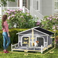 HKM-4553661 Gray Wooden Dog House with Porch, Double Room Design, Weatherproof, Openable Roof, Removable Bottom for Small to Medium Breeds
