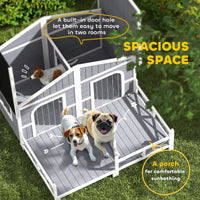 HKM-4553661 Gray Wooden Dog House with Porch, Double Room Design, Weatherproof, Openable Roof, Removable Bottom for Small to Medium Breeds