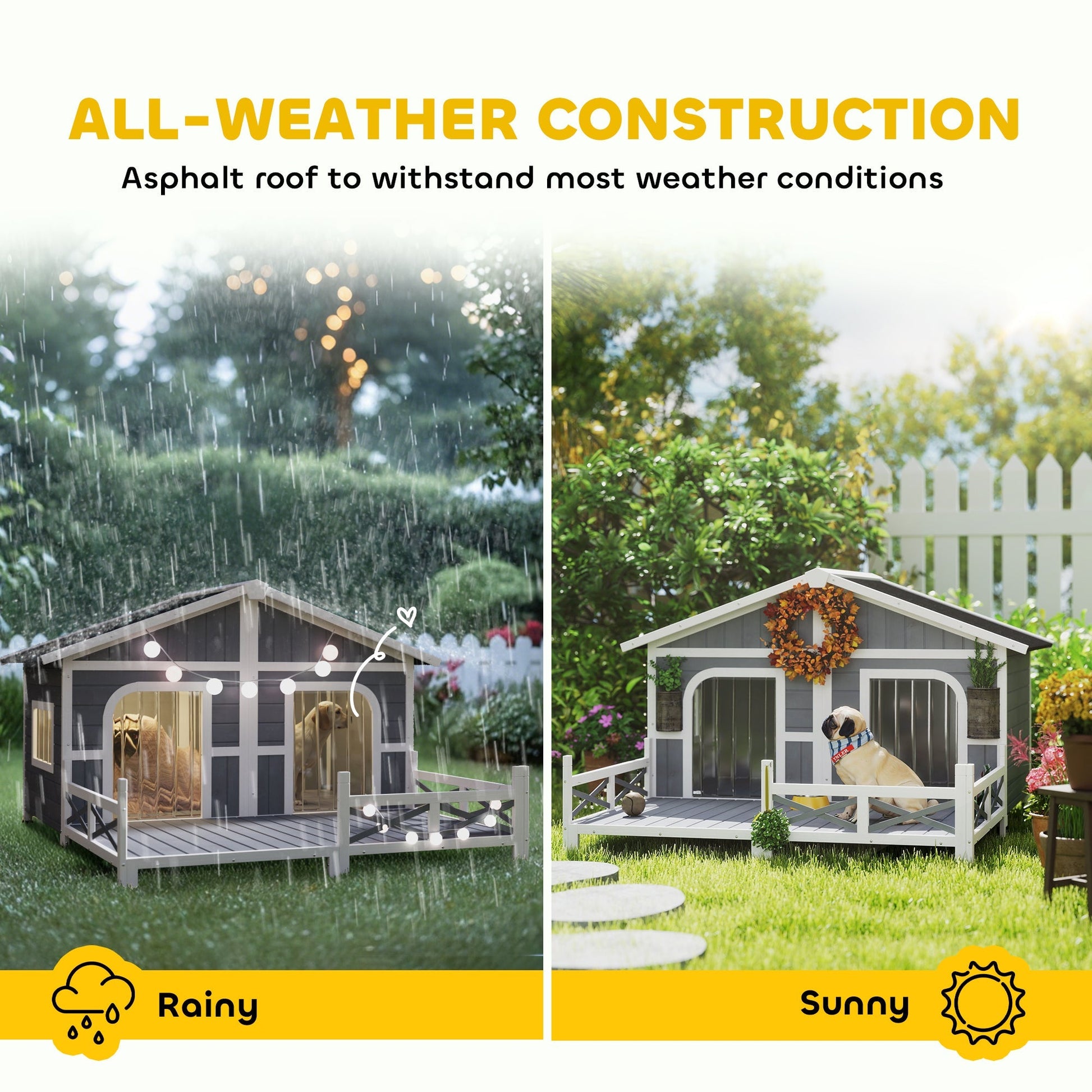 HKM-4553661 Gray Wooden Dog House with Porch, Double Room Design, Weatherproof, Openable Roof, Removable Bottom for Small to Medium Breeds