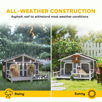 HKM-4553661 Gray Wooden Dog House with Porch, Double Room Design, Weatherproof, Openable Roof, Removable Bottom for Small to Medium Breeds