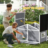 HKM-4553661 Gray Wooden Dog House with Porch, Double Room Design, Weatherproof, Openable Roof, Removable Bottom for Small to Medium Breeds