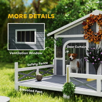 HKM-4553661 Gray Wooden Dog House with Porch, Double Room Design, Weatherproof, Openable Roof, Removable Bottom for Small to Medium Breeds