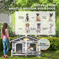HKM-4553661 Gray Wooden Dog House with Porch, Double Room Design, Weatherproof, Openable Roof, Removable Bottom for Small to Medium Breeds
