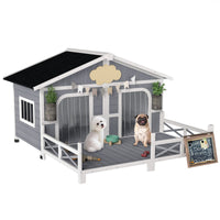 HKM-4553661 Gray Wooden Dog House with Porch, Double Room Design, Weatherproof, Openable Roof, Removable Bottom for Small to Medium Breeds