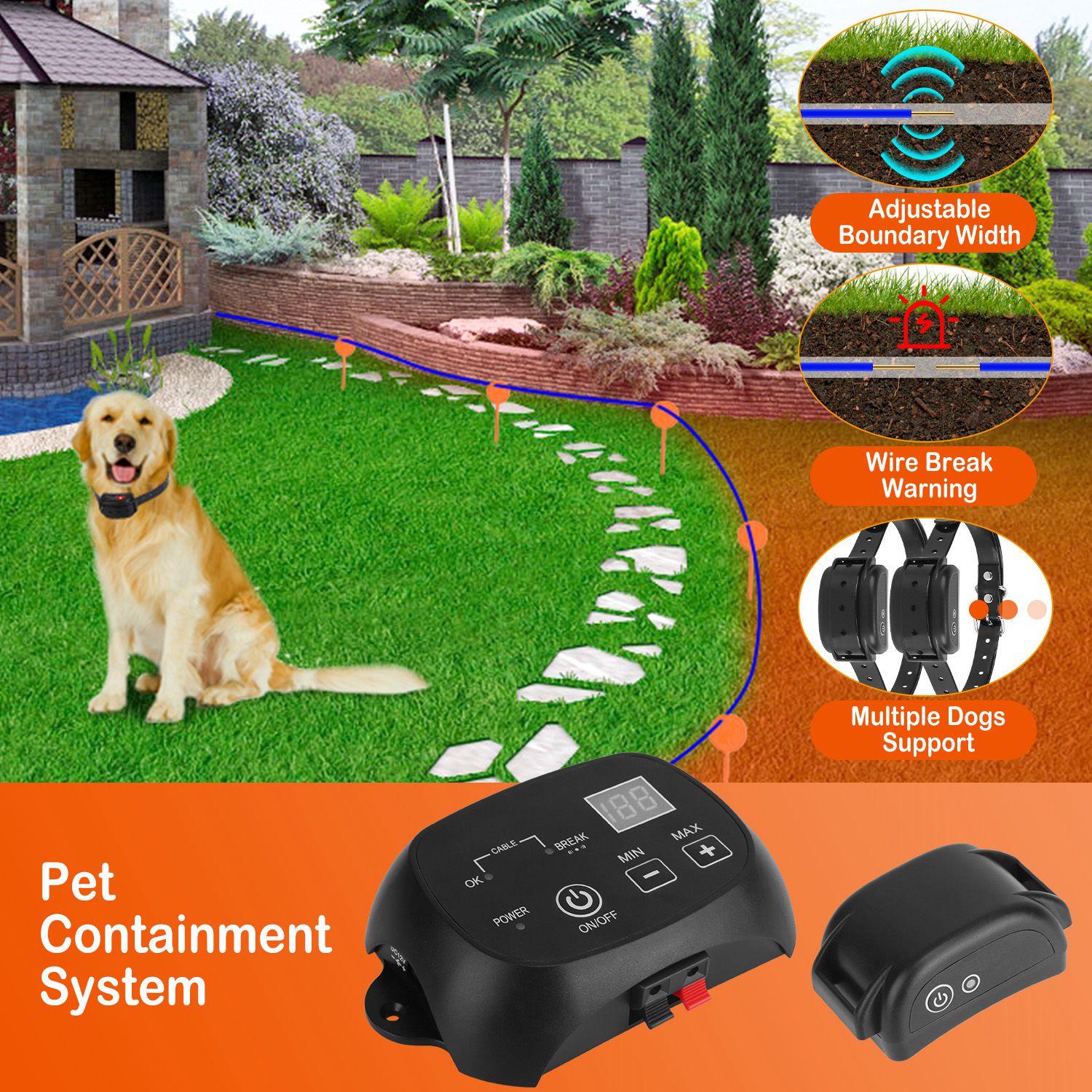 HKM-4555453 Adjustable Wireless Dog Fence System with Waterproof Receiver and Rechargeable Collar for Small to Large Dogs