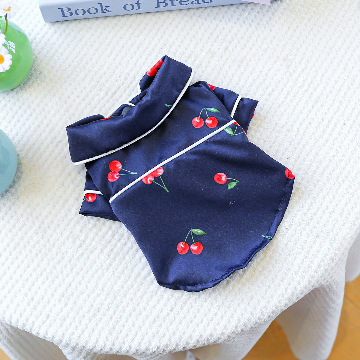HKM-4556605 Cherry Pajamas for Small Dogs and Puppies – Comfortable Polyester Sleepwear in Dark Blue and White