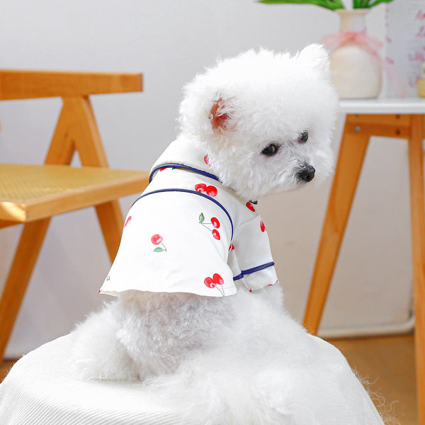 HKM-4556605 Cherry Pajamas for Small Dogs and Puppies – Comfortable Polyester Sleepwear in Dark Blue and White