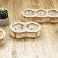 HKM-4561725 Wooden Cat Bowls with Glass Bowls in Various Sizes: Single, Double, and Triple Options