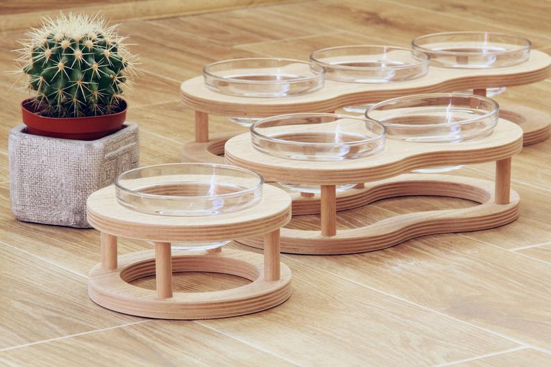 HKM-4561725 Wooden Cat Bowls with Glass Bowls in Various Sizes: Single, Double, and Triple Options