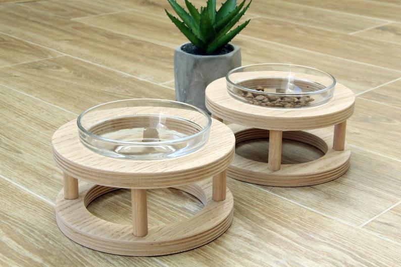 HKM-4561725 Wooden Cat Bowls with Glass Bowls in Various Sizes: Single, Double, and Triple Options