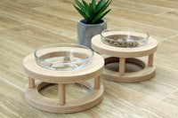 HKM-4561725 Wooden Cat Bowls with Glass Bowls in Various Sizes: Single, Double, and Triple Options