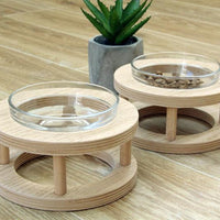 HKM-4561725 Wooden Cat Bowls with Glass Bowls in Various Sizes: Single, Double, and Triple Options
