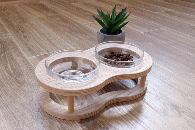 HKM-4561725 Wooden Cat Bowls with Glass Bowls in Various Sizes: Single, Double, and Triple Options