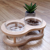 HKM-4561725 Wooden Cat Bowls with Glass Bowls in Various Sizes: Single, Double, and Triple Options