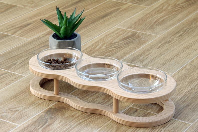 HKM-4561725 Wooden Cat Bowls with Glass Bowls in Various Sizes: Single, Double, and Triple Options
