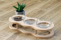 HKM-4561725 Wooden Cat Bowls with Glass Bowls in Various Sizes: Single, Double, and Triple Options