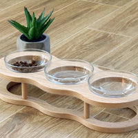 HKM-4561725 Wooden Cat Bowls with Glass Bowls in Various Sizes: Single, Double, and Triple Options