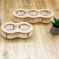 HKM-4561725 Wooden Cat Bowls with Glass Bowls in Various Sizes: Single, Double, and Triple Options