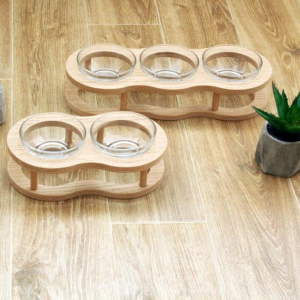 HKM-4561725 Wooden Cat Bowls with Glass Bowls in Various Sizes: Single, Double, and Triple Options
