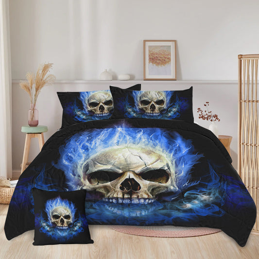 HKM-456403 3D Skeleton Printed 4-Piece Comforter Set with Shams and Cushion Cover, Black, Queen Size