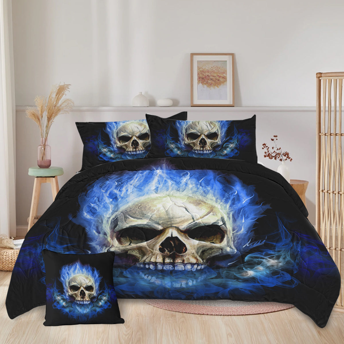 HKM-456403 3D Skeleton Printed 4-Piece Comforter Set with Shams and Cushion Cover, Black, Queen Size