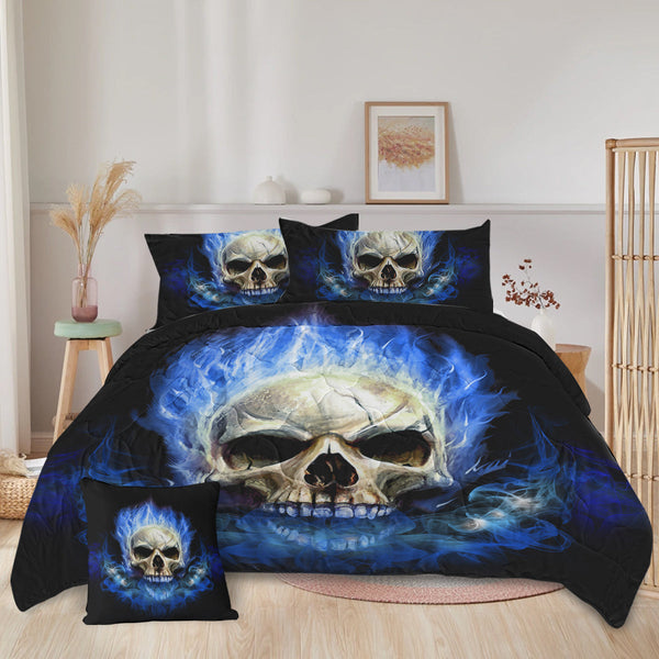 HKM-456403 3D Skeleton Printed 4-Piece Comforter Set with Shams and Cushion Cover, Black, Queen Size