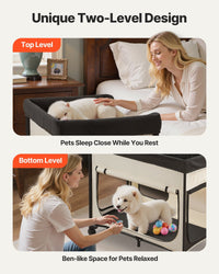 HKM-4569917 Dual-Level Elevated Pet Bed with Foldable Design, 600D Oxford Cloth, Dutch Velvet, Portable Cot with Wheels and Storage for Cats & Dogs, XL, Beige