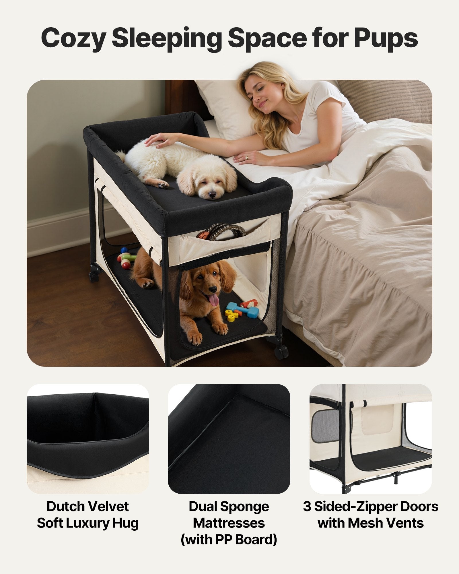 HKM-4569917 Dual-Level Elevated Pet Bed with Foldable Design, 600D Oxford Cloth, Dutch Velvet, Portable Cot with Wheels and Storage for Cats & Dogs, XL, Beige