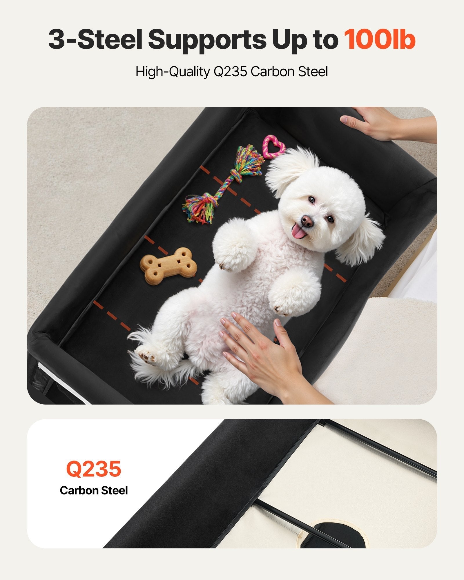 HKM-4569917 Dual-Level Elevated Pet Bed with Foldable Design, 600D Oxford Cloth, Dutch Velvet, Portable Cot with Wheels and Storage for Cats & Dogs, XL, Beige