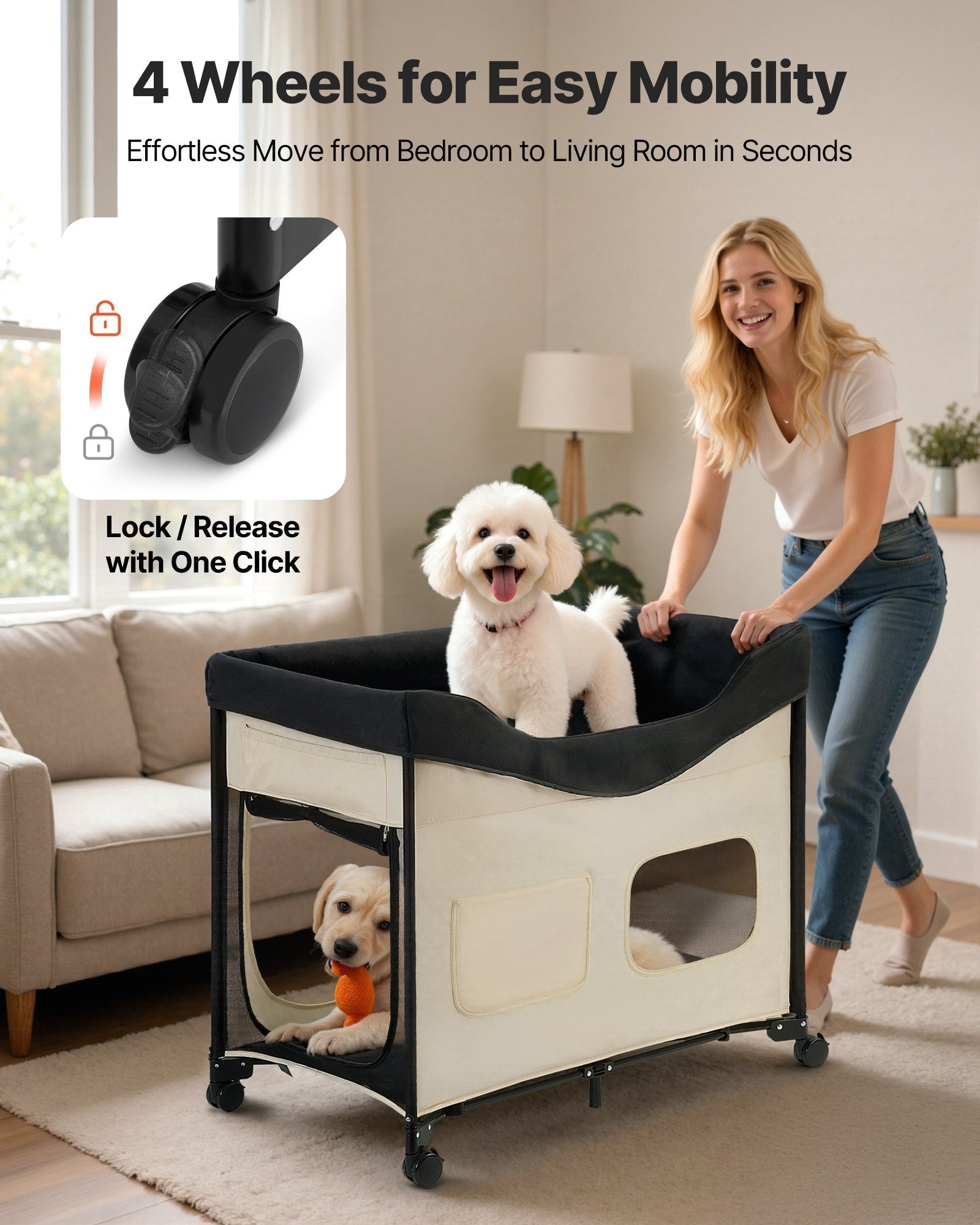 HKM-4569917 Dual-Level Elevated Pet Bed with Foldable Design, 600D Oxford Cloth, Dutch Velvet, Portable Cot with Wheels and Storage for Cats & Dogs, XL, Beige