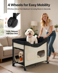 HKM-4569917 Dual-Level Elevated Pet Bed with Foldable Design, 600D Oxford Cloth, Dutch Velvet, Portable Cot with Wheels and Storage for Cats & Dogs, XL, Beige