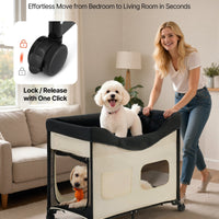 HKM-4569917 Dual-Level Elevated Pet Bed with Foldable Design, 600D Oxford Cloth, Dutch Velvet, Portable Cot with Wheels and Storage for Cats & Dogs, XL, Beige