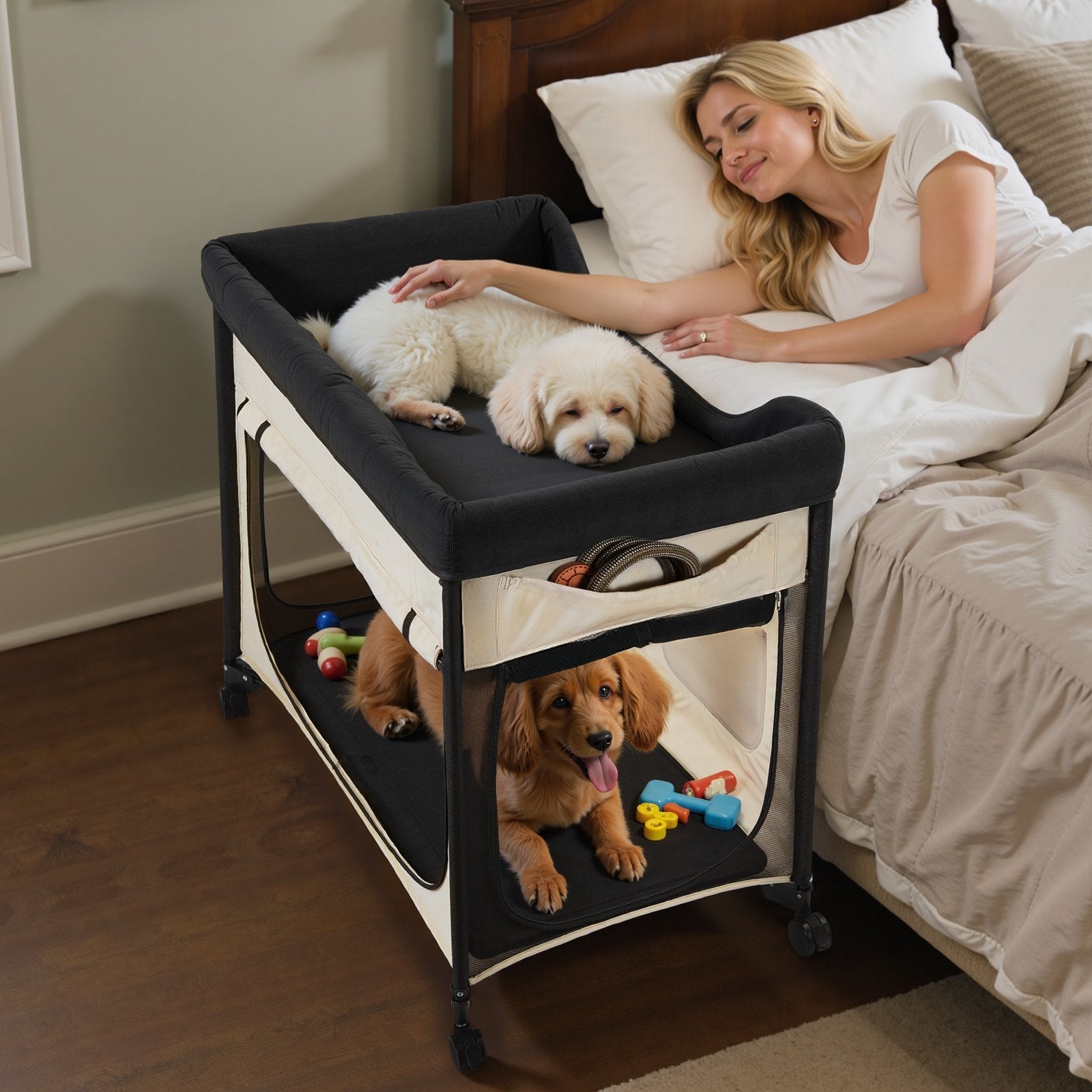HKM-4569917 Dual-Level Elevated Pet Bed with Foldable Design, 600D Oxford Cloth, Dutch Velvet, Portable Cot with Wheels and Storage for Cats & Dogs, XL, Beige
