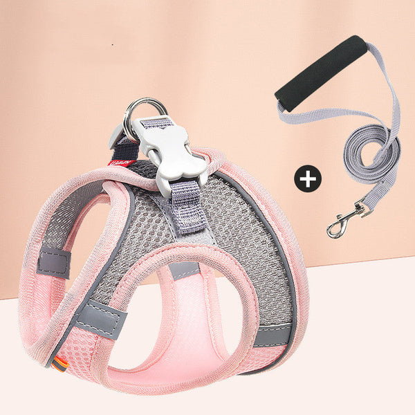 HKM-4570557 Reflective Pet Mesh Chest Harness with Leash - Breathable Cotton, Fashionable Design