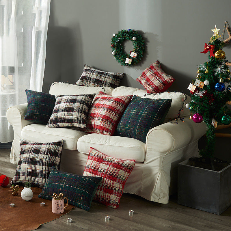 HKM-457235 Plaid Wool Pillowcase for Festive Home Decor in Red, Green, and Black - Available in Multiple Sizes