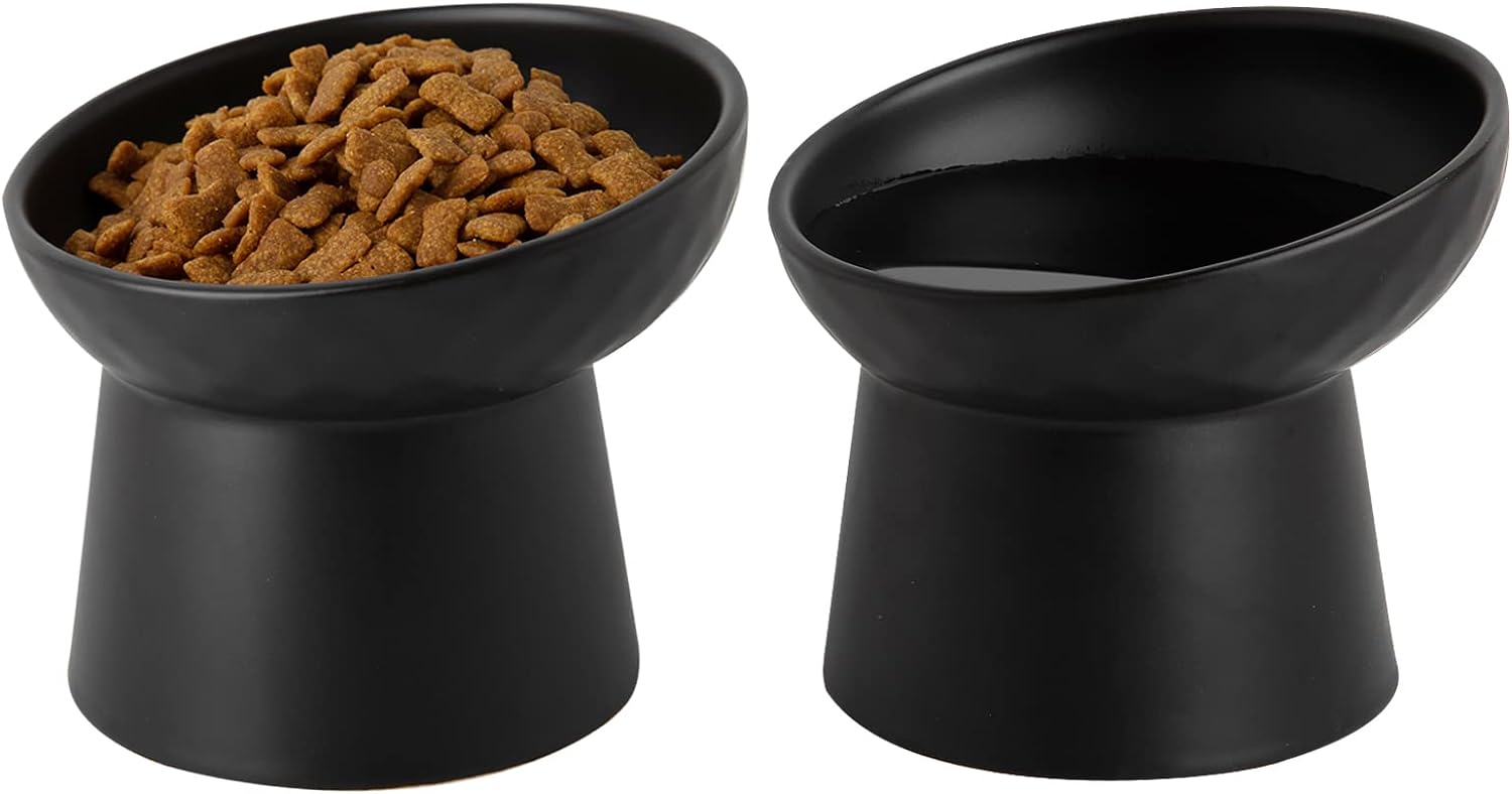HKM-4574525 Elevated Ceramic Cat Bowls Set with Tilted Design for Comfortable Eating and Anti-Slip Stability